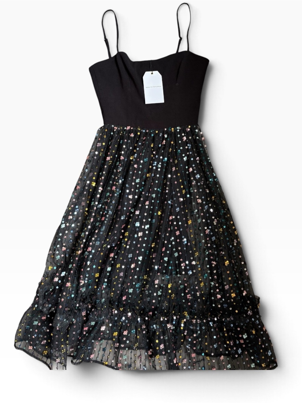 Dress the Population Black Midi Dress with Multicolor Sequin Tulle